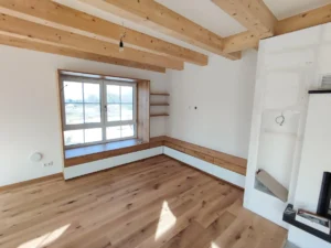 Sitzfensterbank mit L-förmigem Unterbau mit Auszügen
