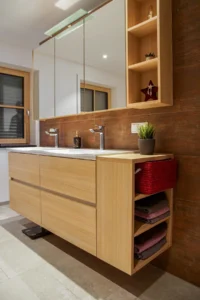 Waschtischunterschrank mit stirnseitig offenem Regal